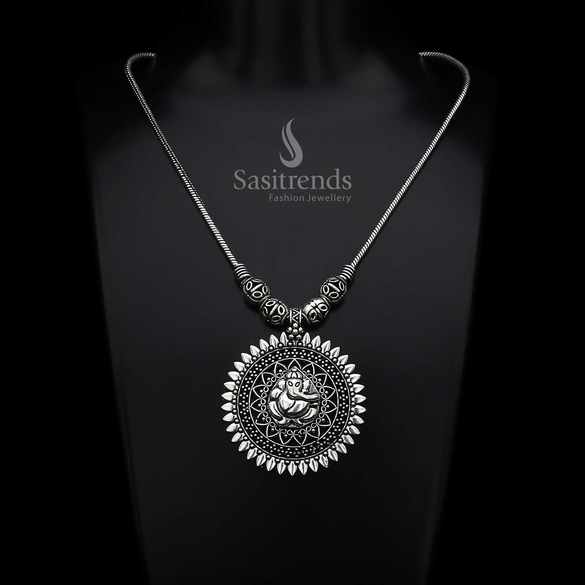 Divine Oxidised Silver Lord Ganesha Pendant with tribal-style necklace chain—spiritually inspired ethnic jewellery perfect for men and women who adore cultural grace – Sasitrends