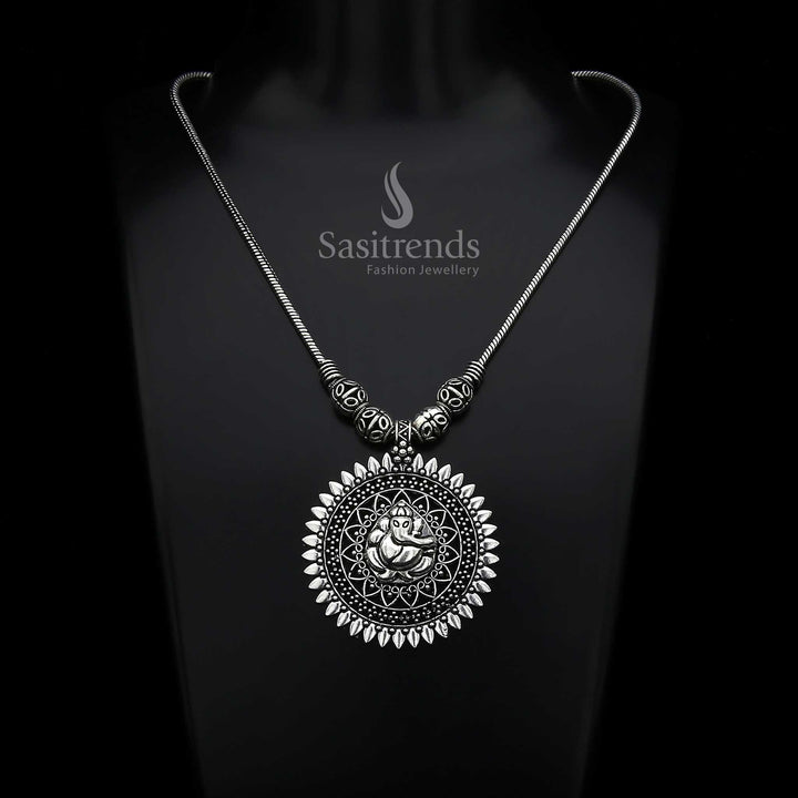 Divine Oxidised Silver Lord Ganesha Pendant with tribal-style necklace chain—spiritually inspired ethnic jewellery perfect for men and women who adore cultural grace – Sasitrends