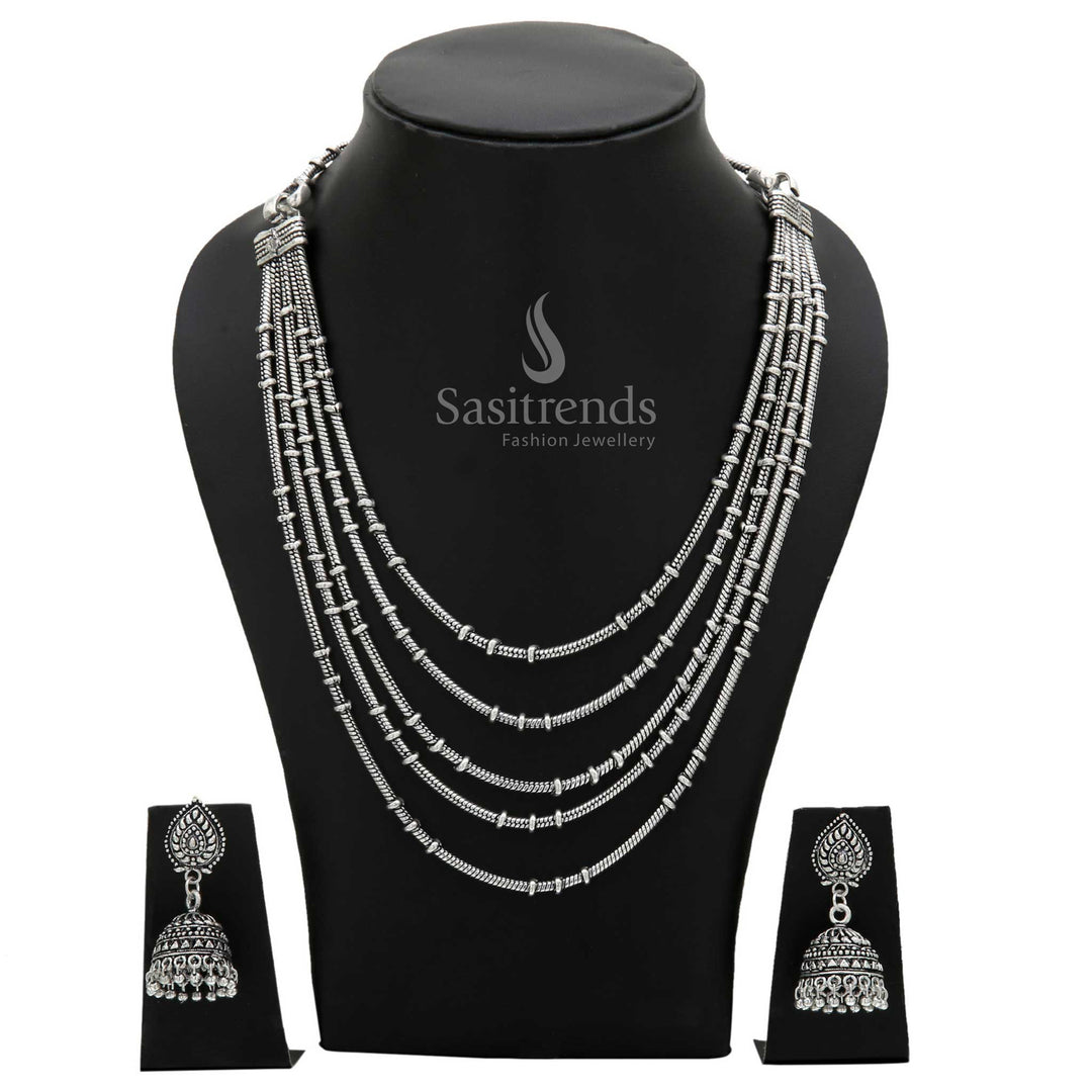 Rustic Oxidised Silver Multi-Layer Chain Necklace with Ethnic Jhumka Earrings—an artisanal tribal-look jewellery set ideal for festive celebrations and daily ethnic wear – Sasitrends