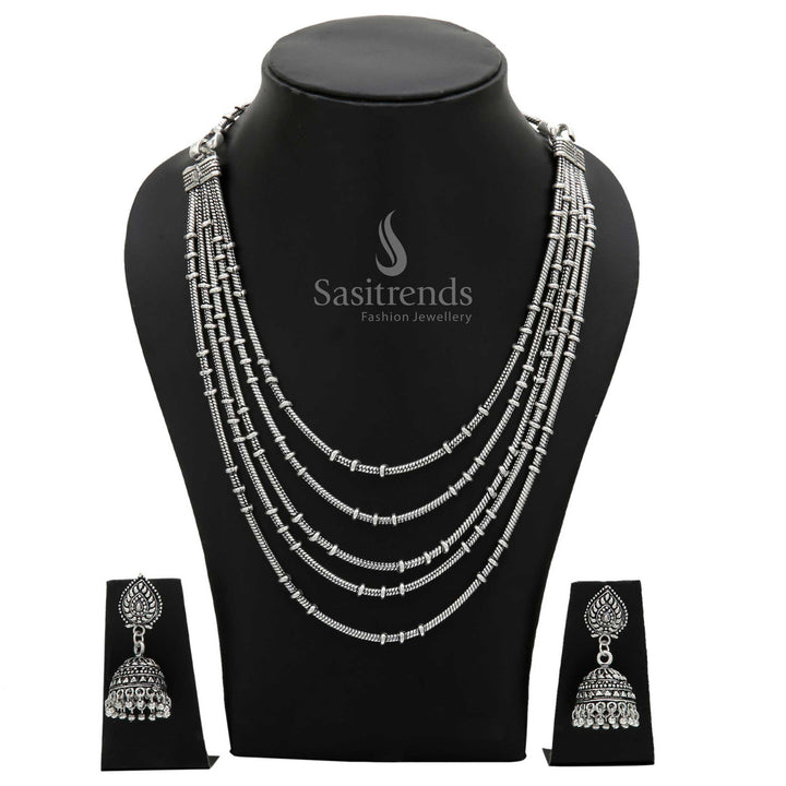 Latest Oxidised German Silver Layered Chain Necklace with Jhumkas Jewellery Set Online - Sasitrends