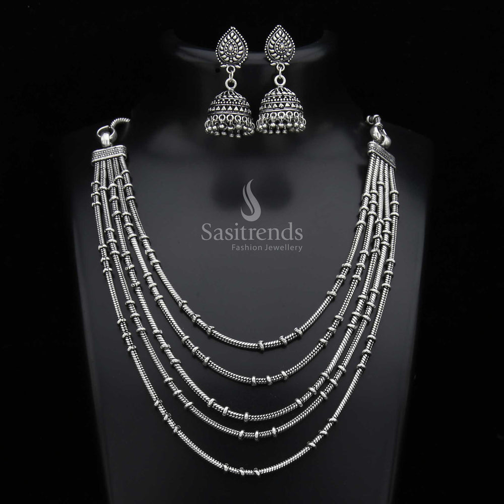 Bohemian Oxidised German Silver Layered Chain Necklace with Traditional Jhumkas—a striking fusion-wear jewellery set designed for modern women and girls who love ethnic flair – Sasitrends

