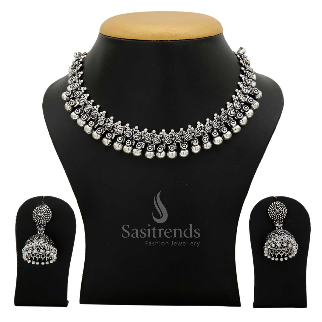 Taralini Oxidised Silver Ball Necklace And Jhumka Earrings Jewellery Set, Traditional German Silver Handcrafted Design For Women’s Cultural And Party Wear – Sasitrends