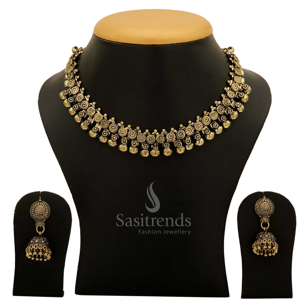 Elegant Taralini Antique Gold Ball Necklace With Matching Jhumka Earrings Set, Exquisite Tribal Handmade Jewellery For Women’s Ethnic And Festive Looks – Sasitrends