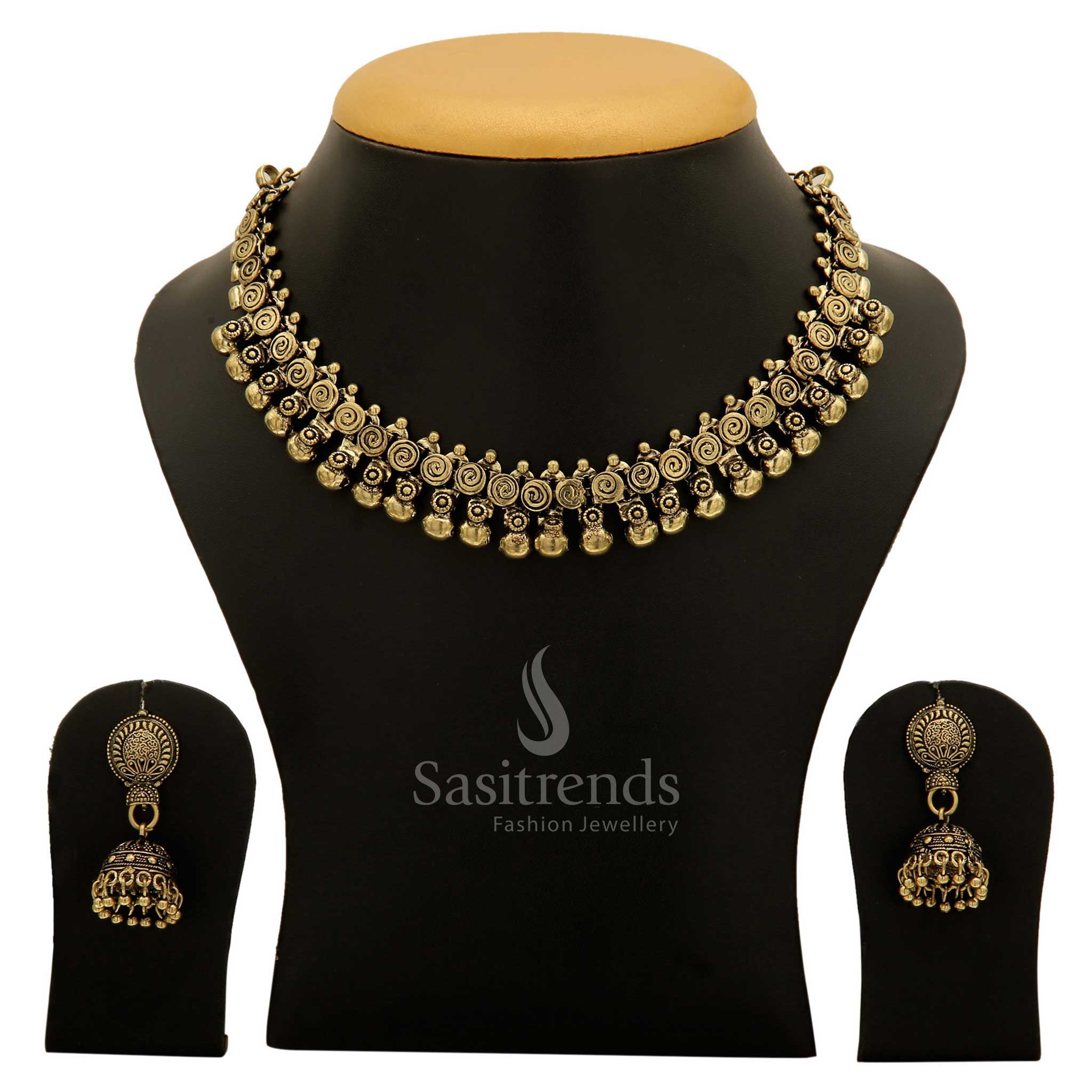 Elegant Taralini Antique Gold Ball Necklace With Matching Jhumka Earrings Set, Exquisite Tribal Handmade Jewellery For Women’s Ethnic And Festive Looks – Sasitrends