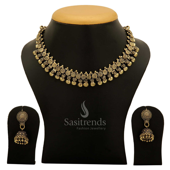 Elegant Taralini Antique Gold Ball Necklace With Matching Jhumka Earrings Set, Exquisite Tribal Handmade Jewellery For Women’s Ethnic And Festive Looks – Sasitrends