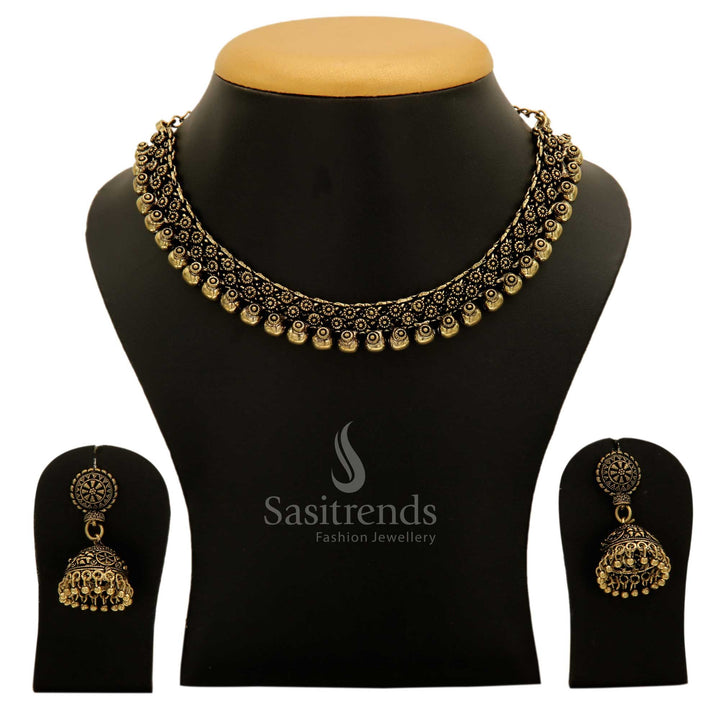 Madhura Antique Gold Jewellery Set With Signature Jhumka, A Royal Traditional Ornament Perfect For Cultural Ceremonies And Heritage Fashion – Sasitrends