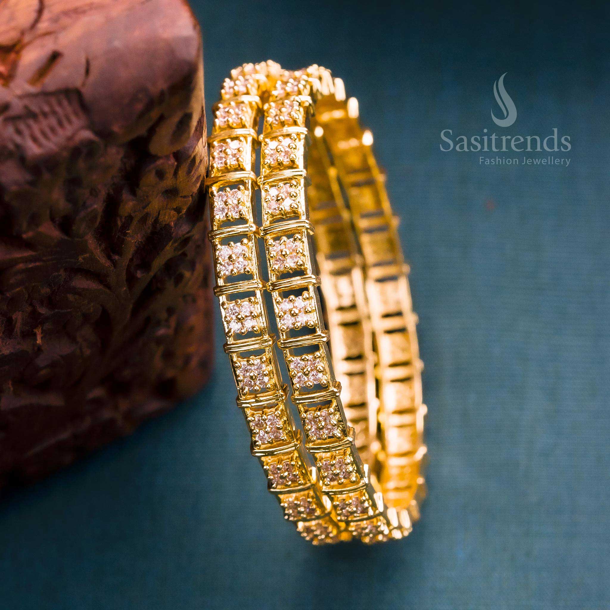Luxury classic traditional floral motif micro gold plated bangles pair highlighted with sparkling white American diamond stones, radiating grand elegance and regal jewellery design – Sasitrends
