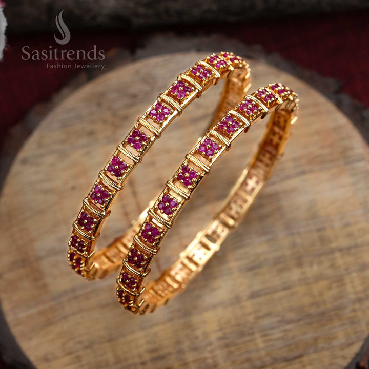 Designer ruby AD floral motif bangles, micro gold-finished with a premium shine, a perfect choice for women’s bridal and party wear jewellery collections - Sasitrends