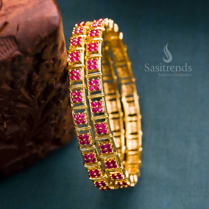 Royal micro gold-plated floral motif bangles pair, beautifully handcrafted with ruby American diamonds - Sasitrends
