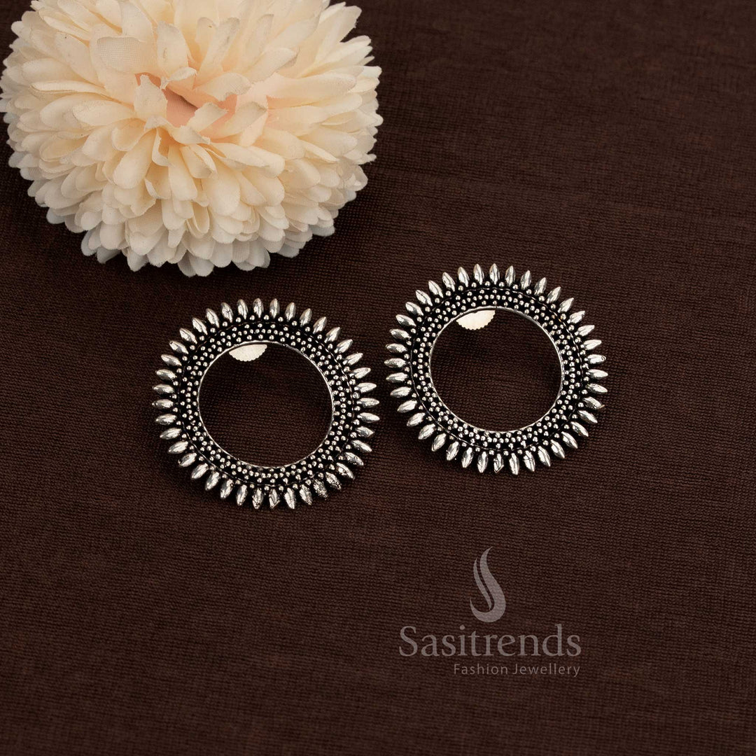 Oxidised Circular Stud Earrings With Textured Leaf Pattern In Elegant German Silver Finish Featuring Antique Craftsmanship, Perfect For Casual, Ethnic, And Festive Styling – Sasitrends
