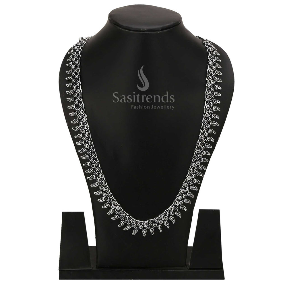 Elegant oxidised haram jewellery set featuring a detailed floral pendant and large statement jhumkas – perfect for festive occasions and classic Indian attire – Sasitrends