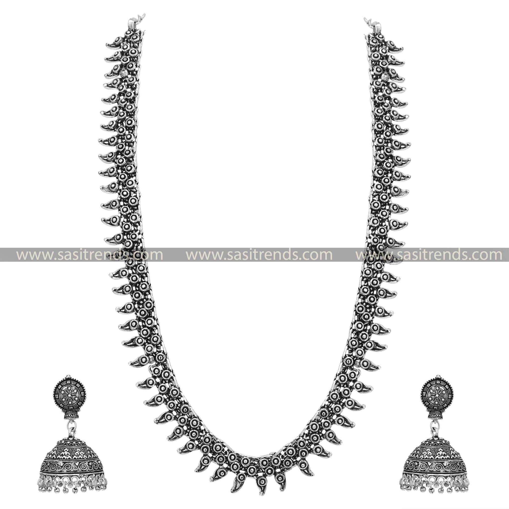 Long Chandelier Oxidised Necklace with Jhumka Earrings Set, a lavish combination of detailed silver filigree and classic jhumka charm