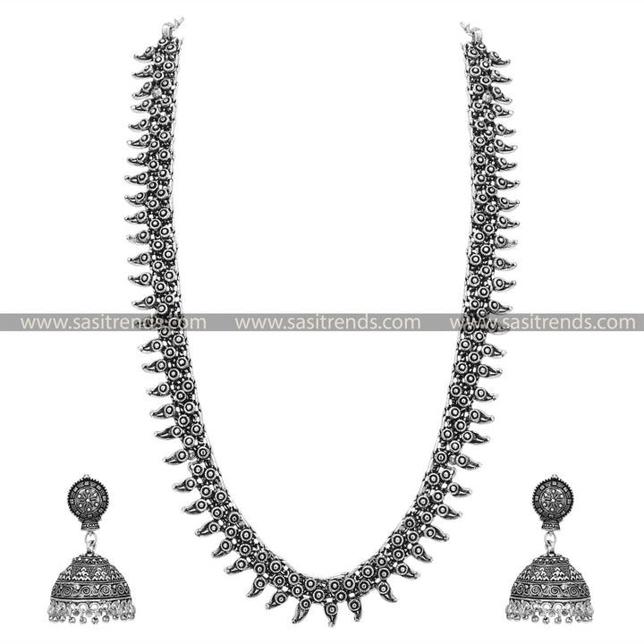 Long Chandelier Oxidised Necklace with Jhumka Earrings Set, a lavish combination of detailed silver filigree and classic jhumka charm