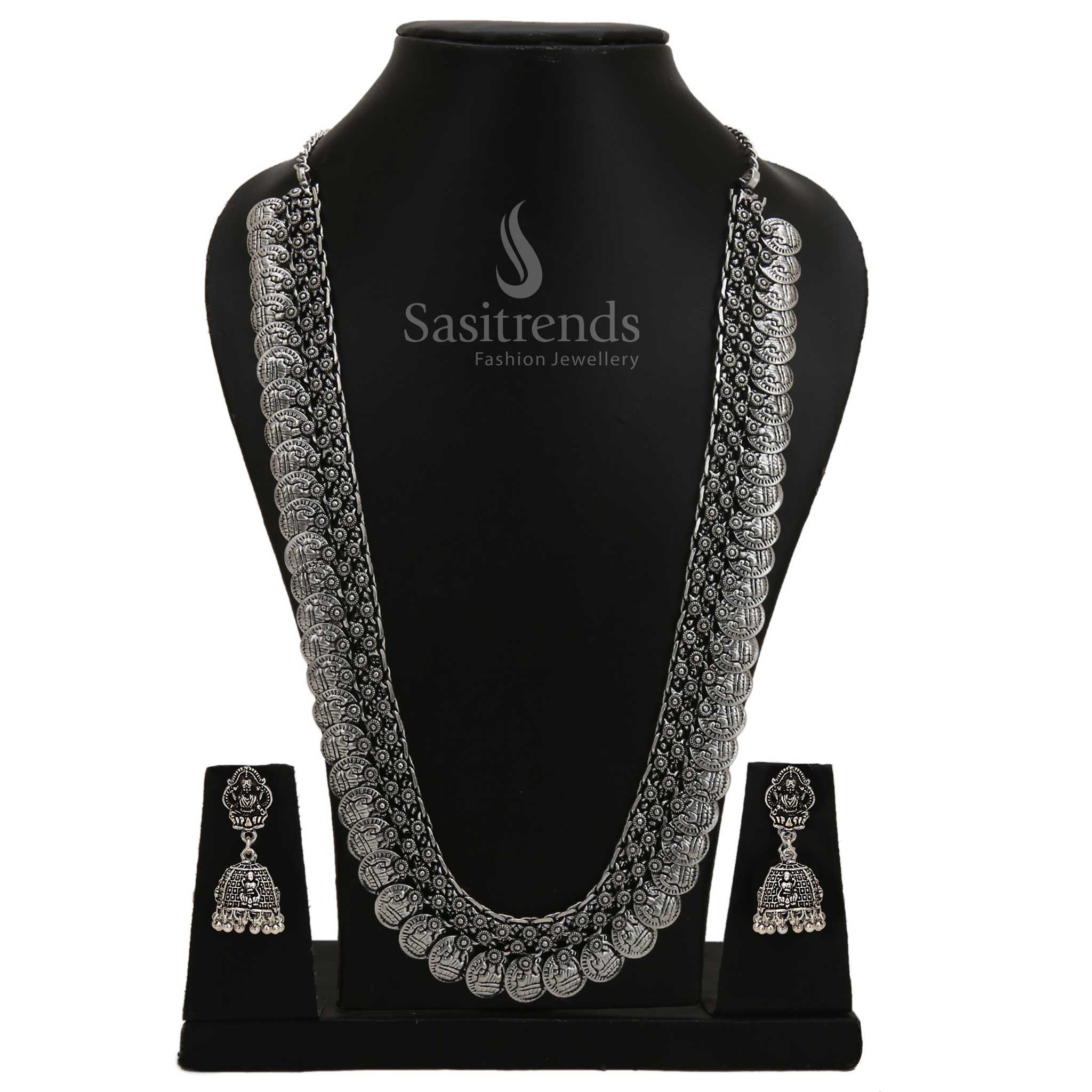 Elegant oxidised long haram necklace with beautifully carved pendant and matching jhumkas – a perfect blend of tribal and festive grace – Sasitrends