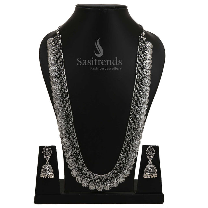 Elegant oxidised long haram necklace with beautifully carved pendant and matching jhumkas – a perfect blend of tribal and festive grace – Sasitrends