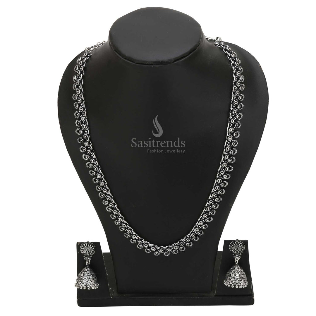 Oxidised Long Haram Necklace and Jhumka Earrings Assorted Set – A Traditional Silver Tone Antique Jewellery Piece for Women’s Ethnic Wear - Sasitrends