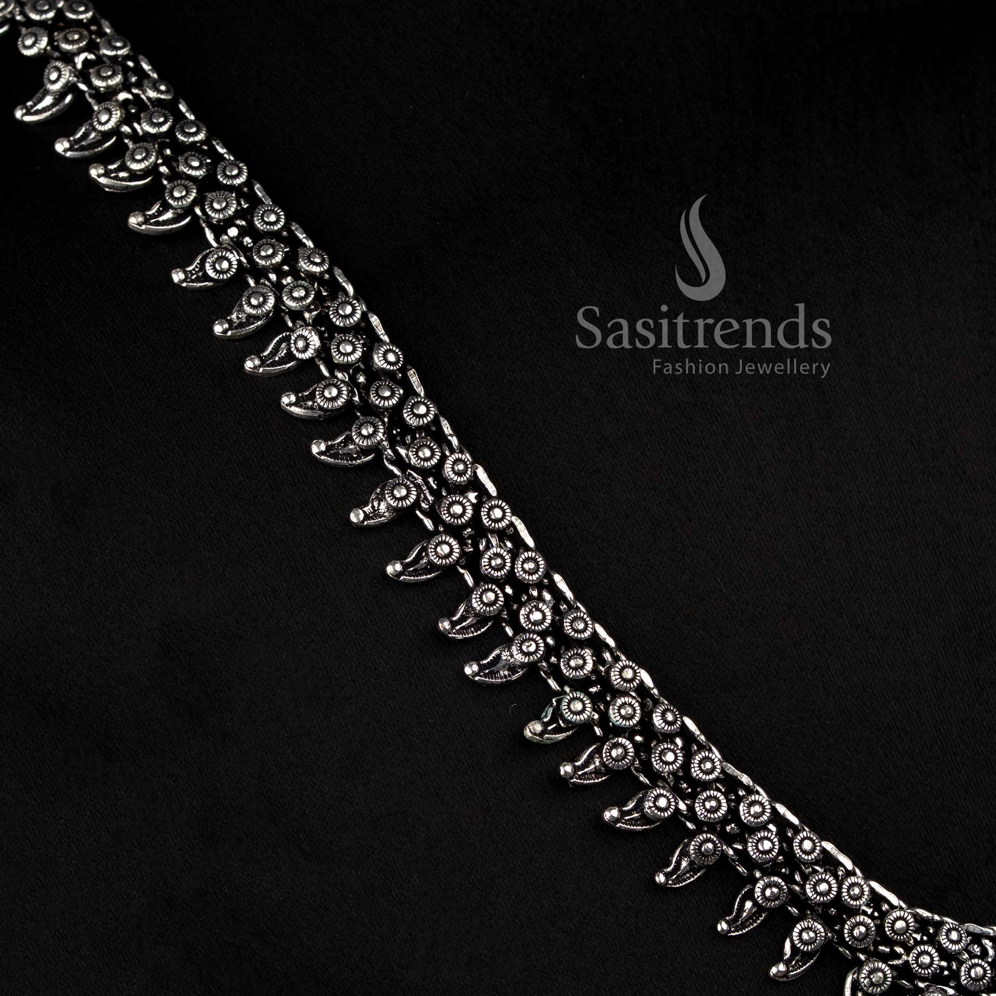Elegant Boho Oxidised Silver Short Choker Necklace with Tribal Motifs and Beaded Fringe for Festive Wear - Sasitrends