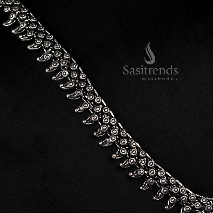 Elegant Boho Oxidised Silver Short Choker Necklace with Tribal Motifs and Beaded Fringe for Festive Wear - Sasitrends