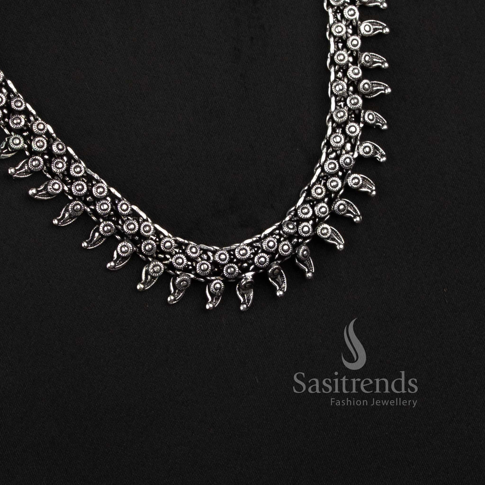 Elegant Boho Oxidised Silver Short Choker Necklace with Tribal Motifs and Beaded Fringe for Festive Wear - Sasitrends
