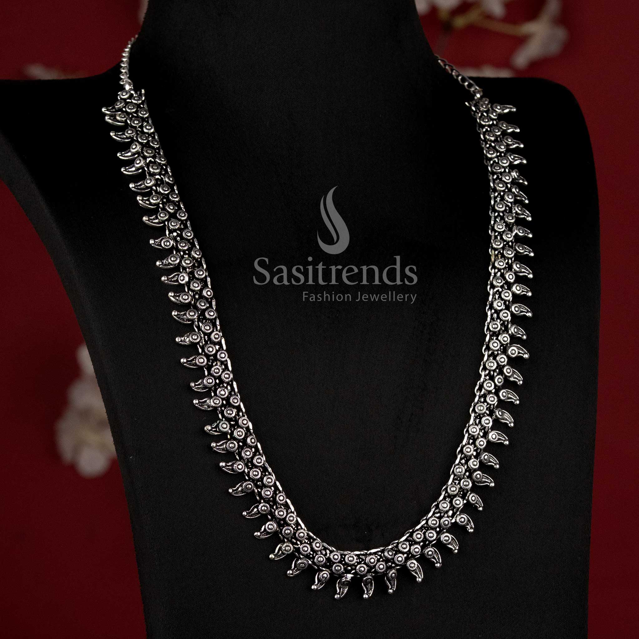 Elegant Boho Oxidised Silver Short Choker Necklace with Tribal Motifs and Beaded Fringe for Festive Wear - Sasitrends