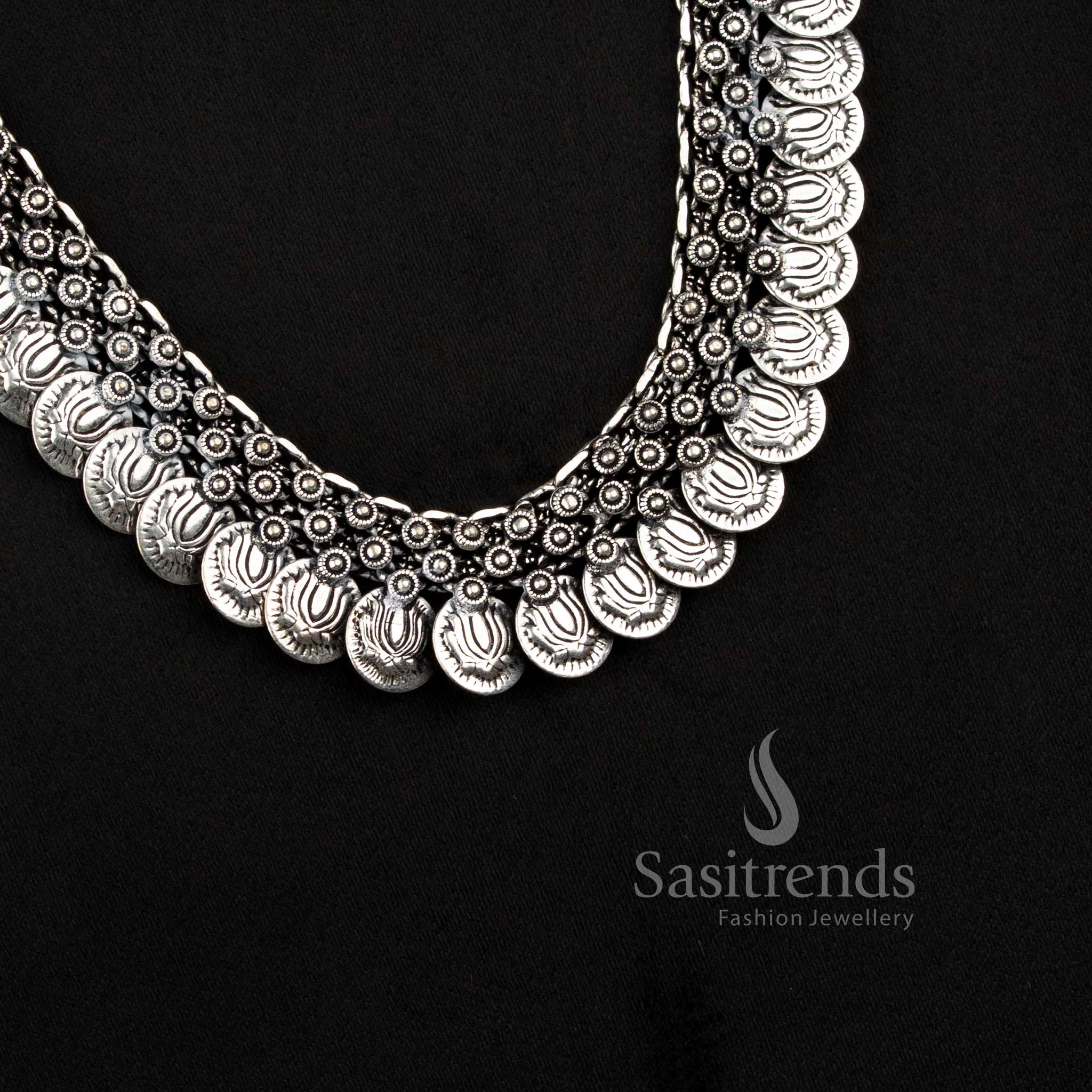 Ethnic Oxidised Silver Collar Choker Necklace with Textured Bead Fringe and Traditional Indian Detailing for Women - Sasitrends