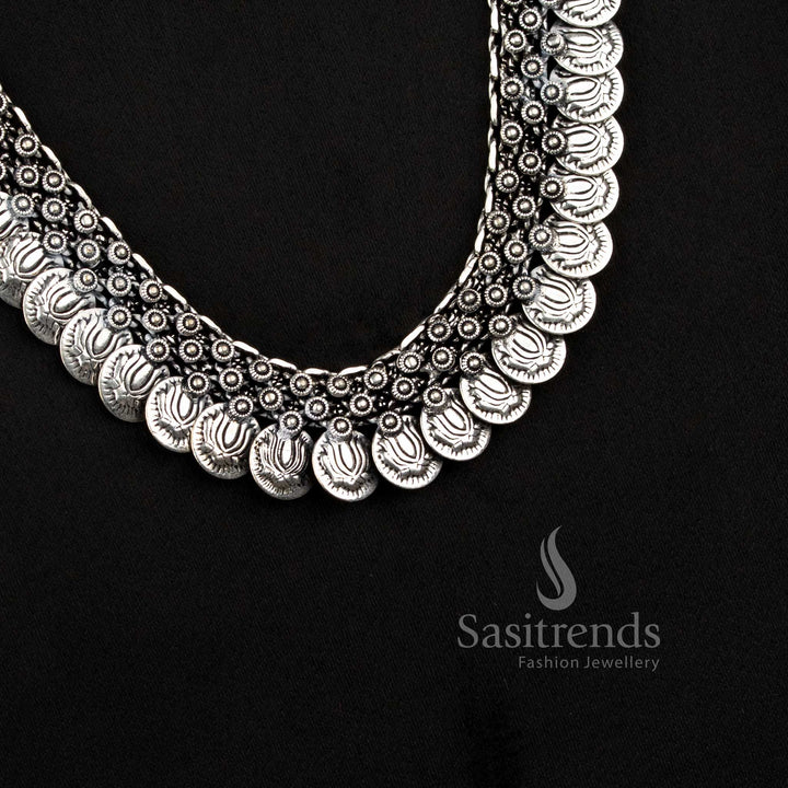 Ethnic Oxidised Silver Collar Choker Necklace with Textured Bead Fringe and Traditional Indian Detailing for Women - Sasitrends