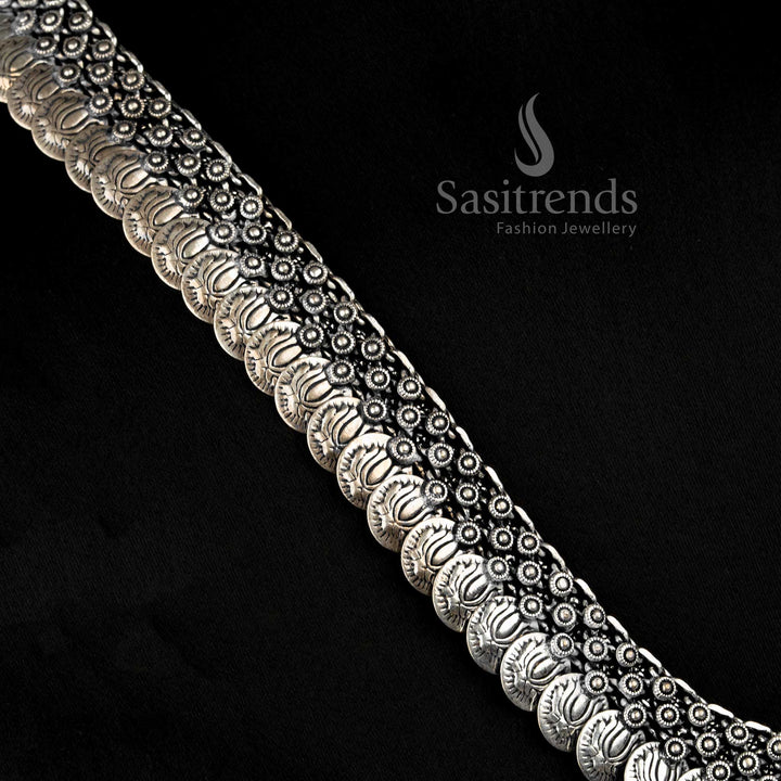 Traditional Oxidised Silver Bead Fringe Choker Necklace with Intricate Tribal Detailing - Sasitrends