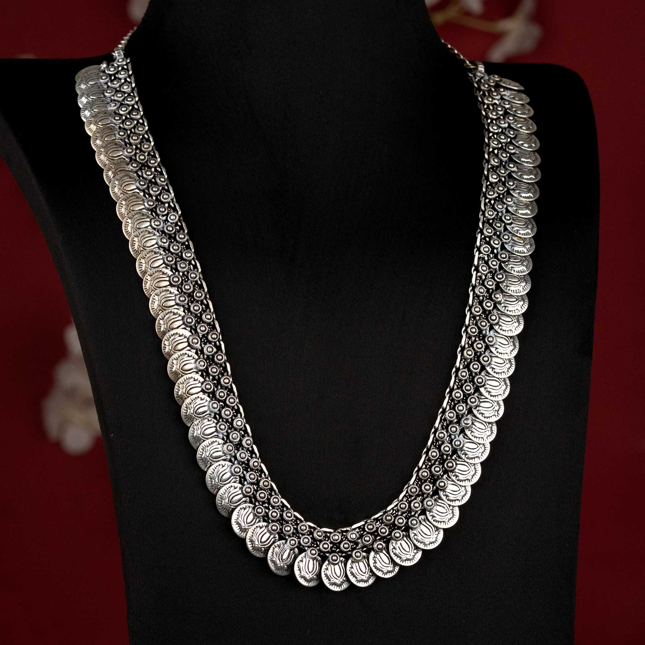 Ethnic Oxidised Silver Collar Choker Necklace with Textured Bead Fringe and Traditional Indian Detailing for Women - Sasitrends