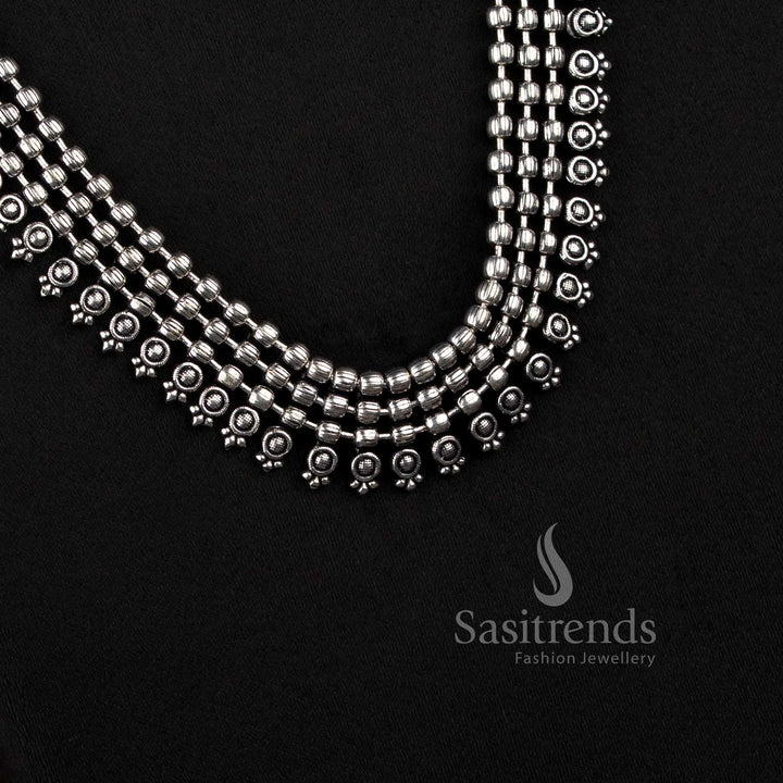 Ethnic Oxidised Silver Collar Choker Necklace with Textured Bead Fringe and Traditional Indian Detailing for Women - Sasitrends