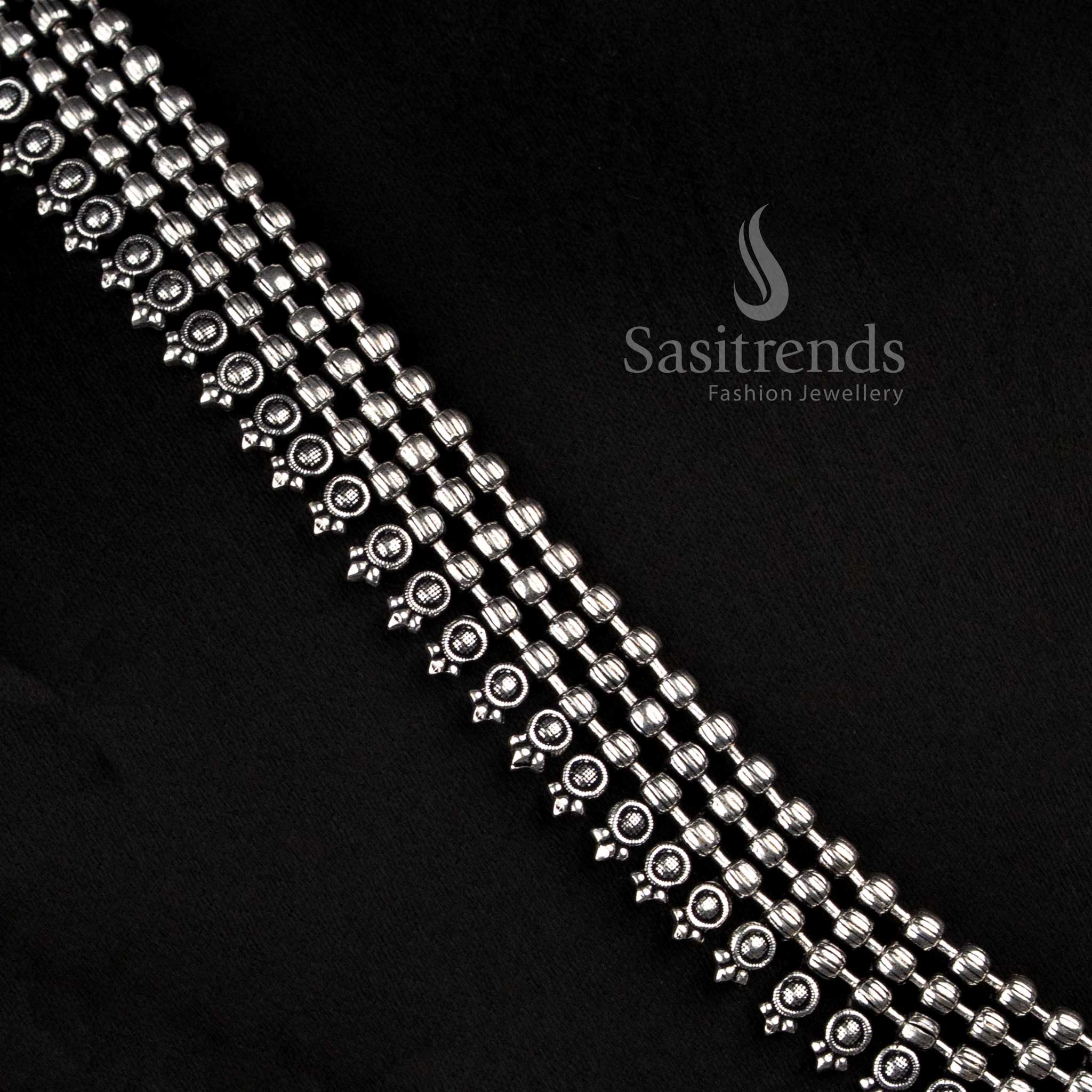 Ethnic Oxidised Silver Collar Choker Necklace with Textured Bead Fringe and Traditional Indian Detailing for Women - Sasitrends
