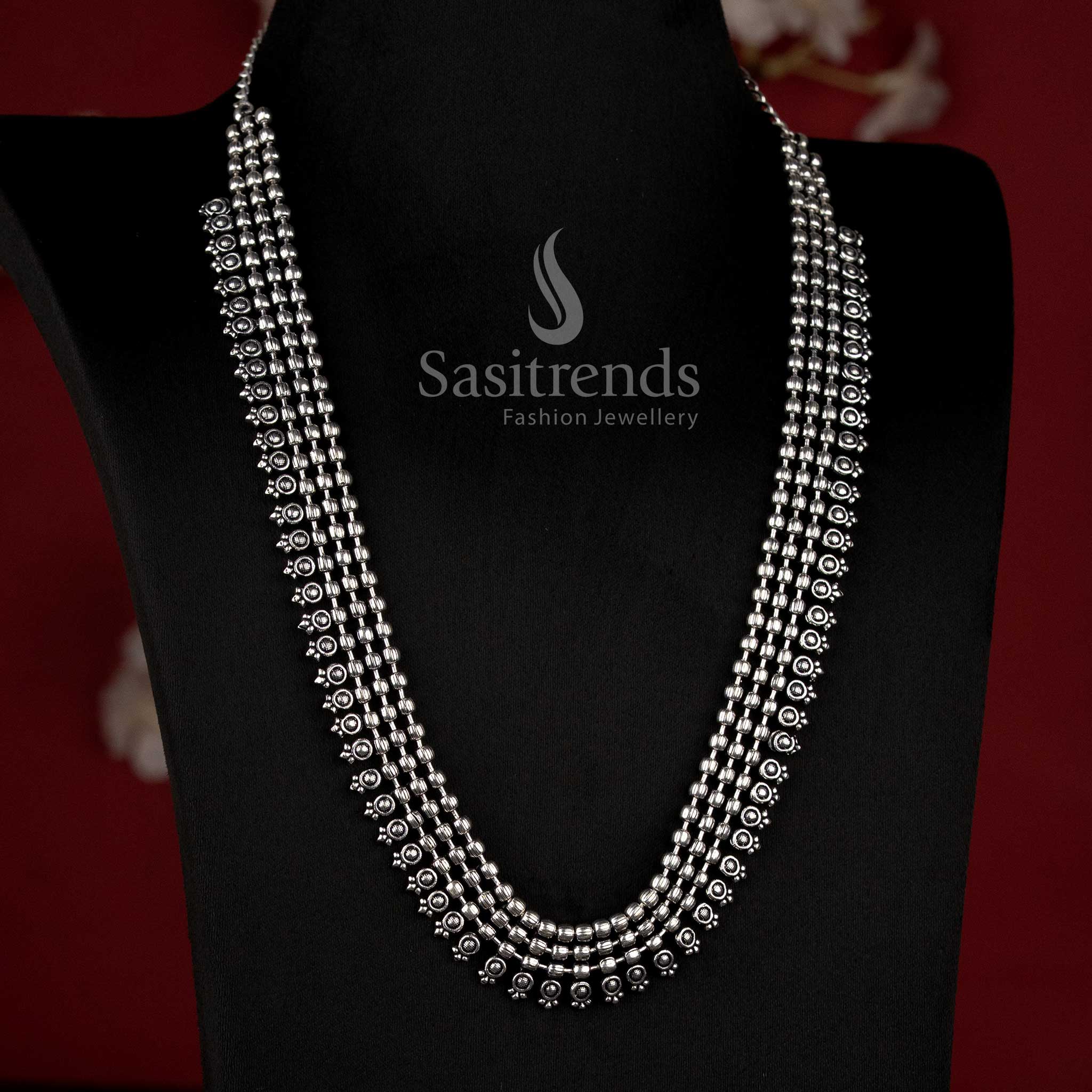Traditional Oxidised Silver Bead Fringe Choker Necklace with Intricate Tribal Detailing - Sasitrends