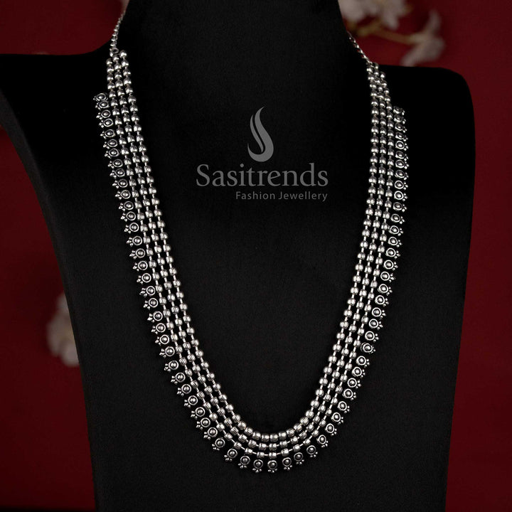 Traditional Oxidised Silver Bead Fringe Choker Necklace with Intricate Tribal Detailing - Sasitrends