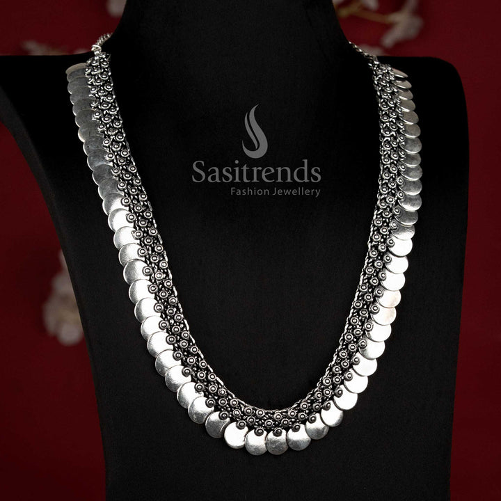 Antique Oxidised Silver Tribal Choker Necklace with Sunburst Patterns and Dangling Ghungroo Bead Drops - Sasitrends