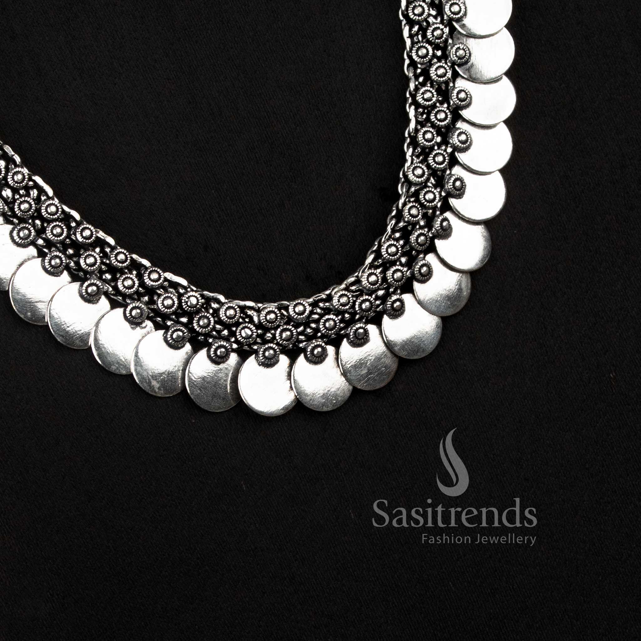 Antique Oxidised Silver Tribal Choker Necklace with Sunburst Patterns and Dangling Ghungroo Bead Drops - Sasitrends