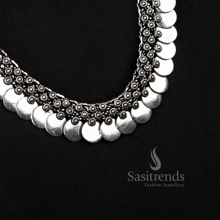 Antique Oxidised Silver Tribal Choker Necklace with Sunburst Patterns and Dangling Ghungroo Bead Drops - Sasitrends