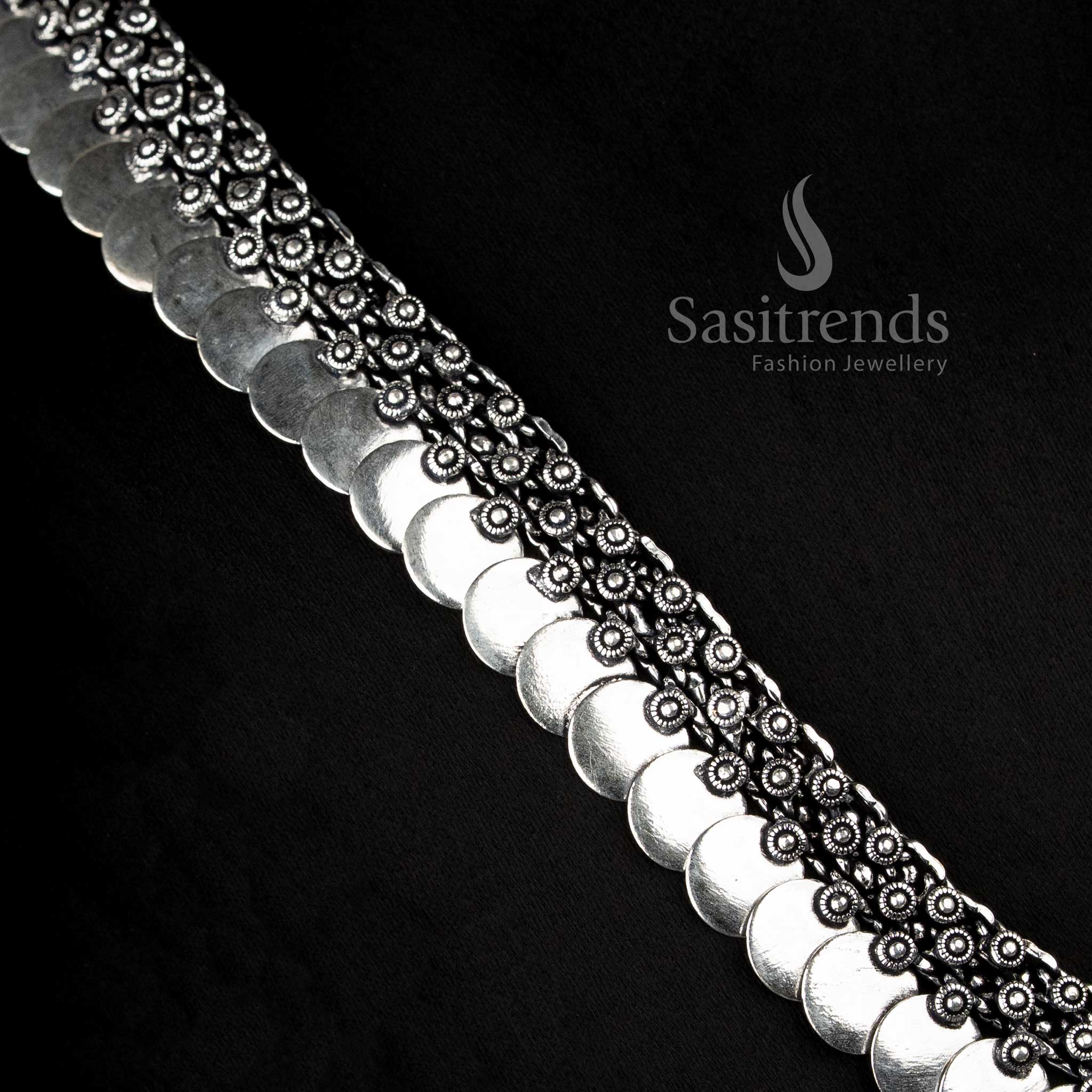 Elegant Boho Oxidised Silver Short Choker Necklace with Tribal Motifs and Beaded Fringe for Festive Wear - Sasitrends