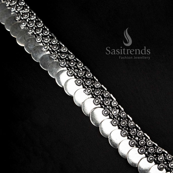 Elegant Boho Oxidised Silver Short Choker Necklace with Tribal Motifs and Beaded Fringe for Festive Wear - Sasitrends