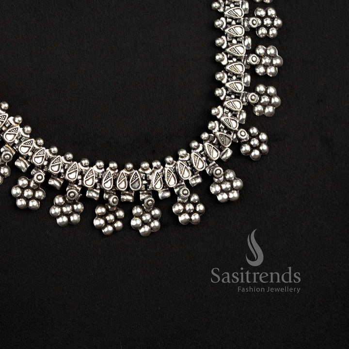 Ethnic Oxidised Silver Collar Choker Necklace with Textured Bead Fringe and Traditional Indian Detailing for Women - Sasitrends