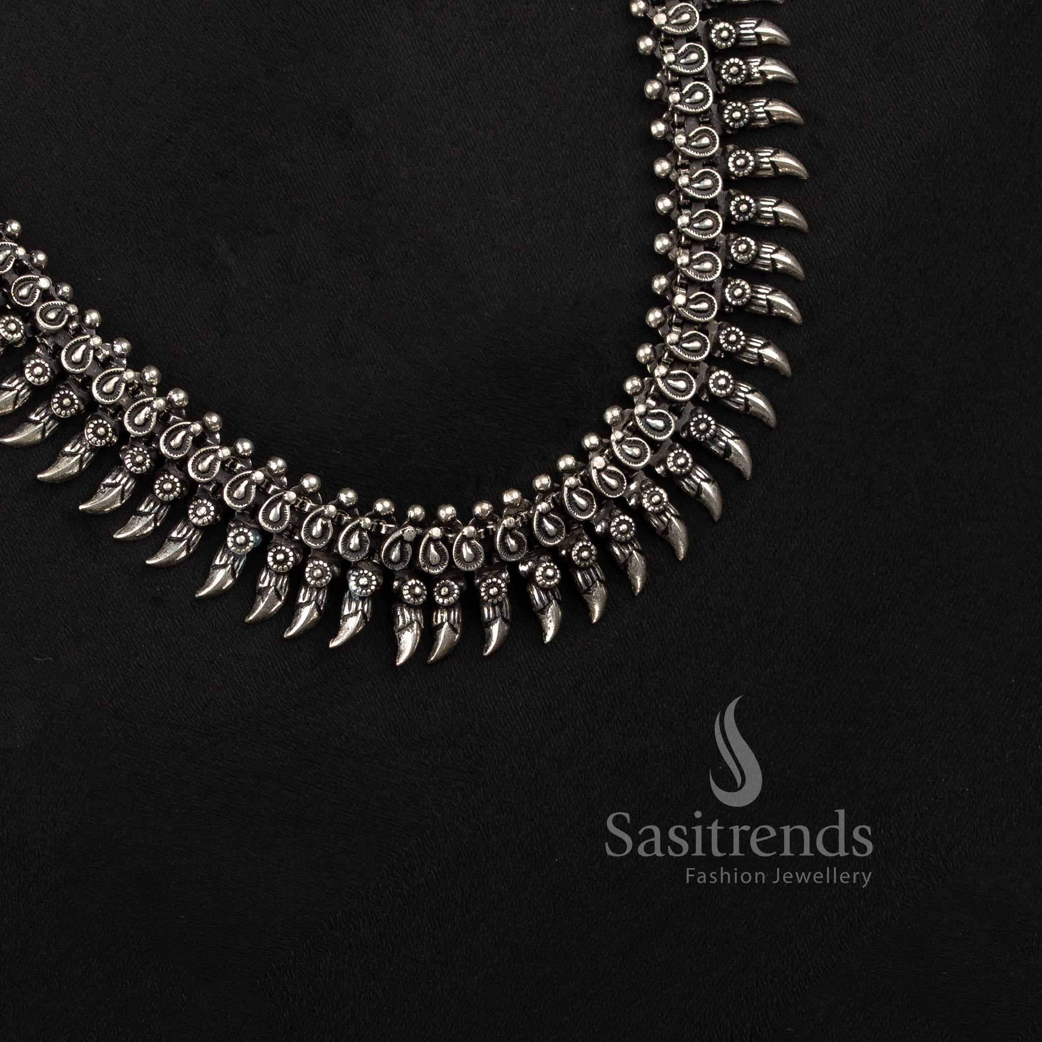 Ethnic Oxidised Silver Collar Choker Necklace with Textured Bead Fringe and Traditional Indian Detailing for Women - Sasitrends