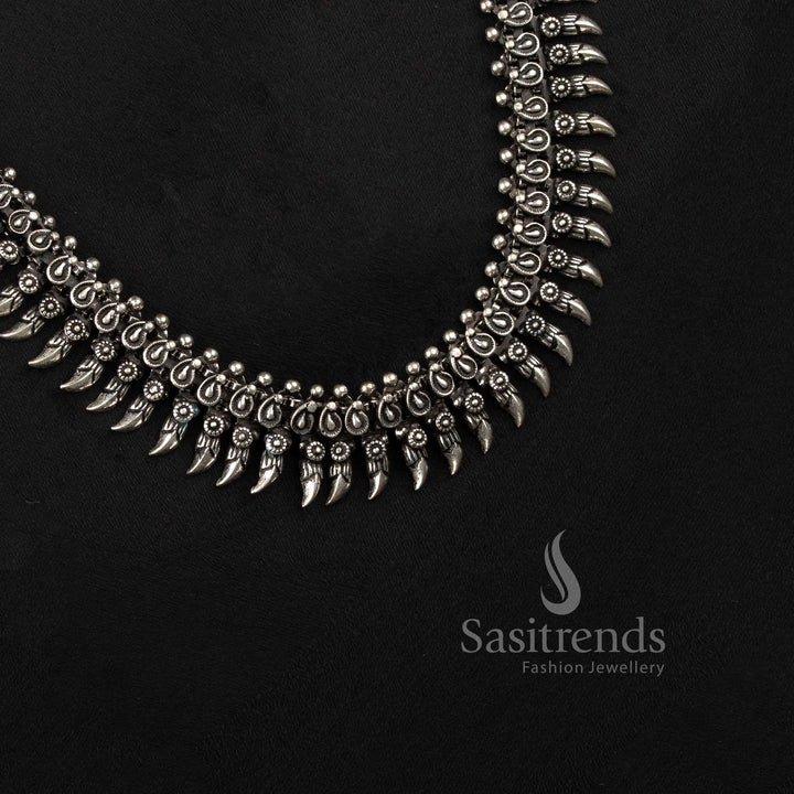 Ethnic Oxidised Silver Collar Choker Necklace with Textured Bead Fringe and Traditional Indian Detailing for Women - Sasitrends