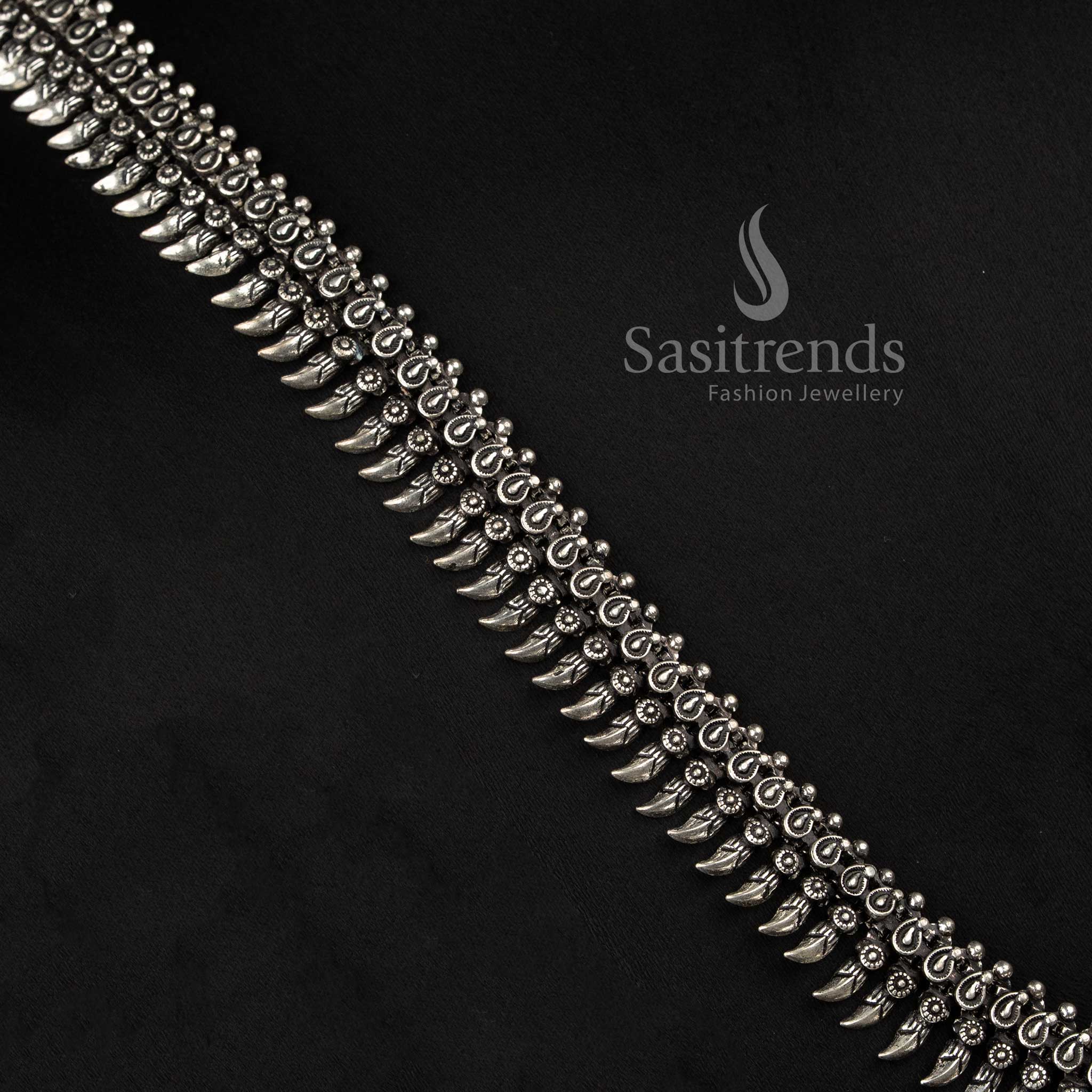 Ethnic Oxidised Silver Collar Choker Necklace with Textured Bead Fringe and Traditional Indian Detailing for Women - Sasitrends