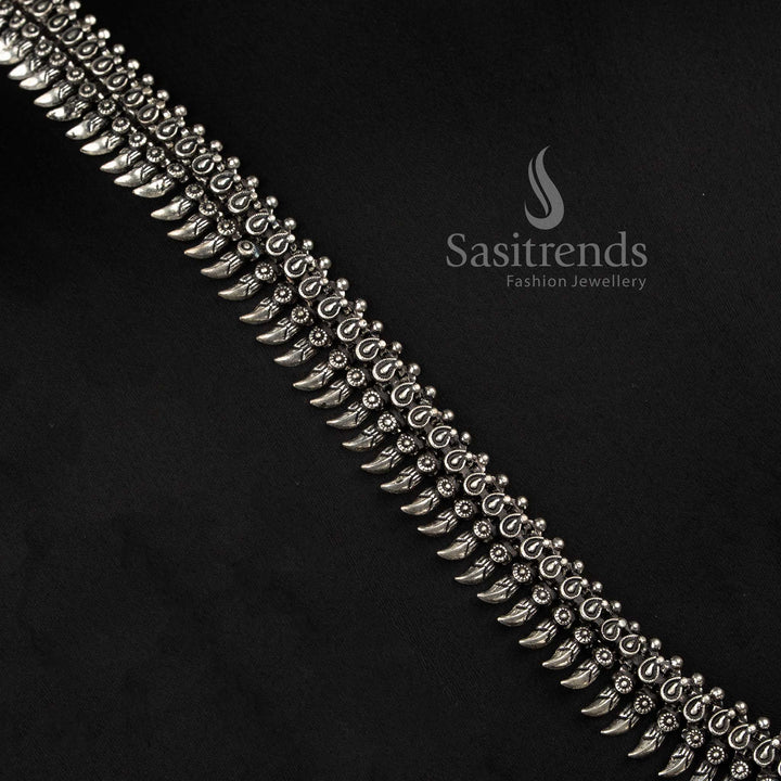 Ethnic Oxidised Silver Collar Choker Necklace with Textured Bead Fringe and Traditional Indian Detailing for Women - Sasitrends