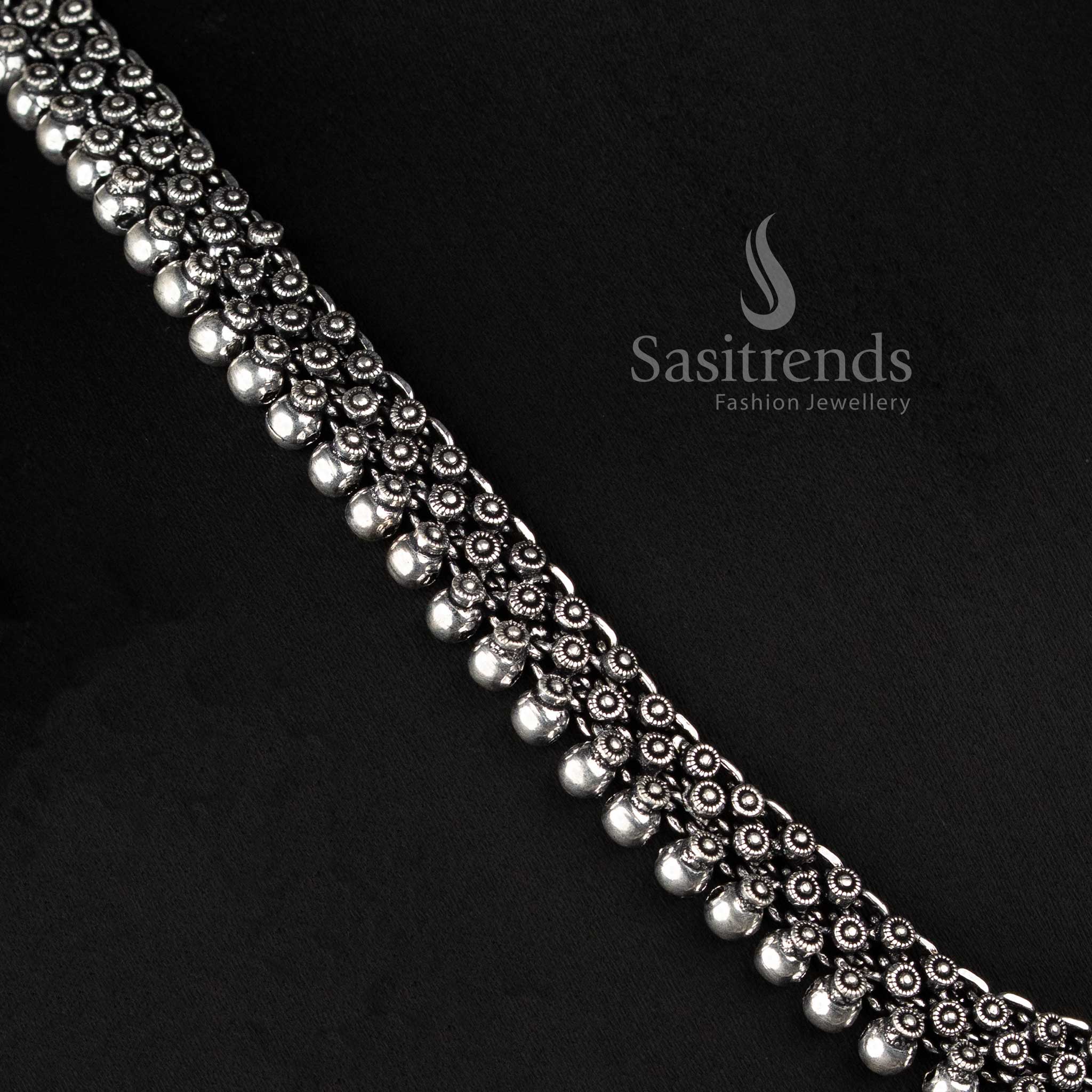 Ethnic Oxidised Silver Collar Choker Necklace with Textured Bead Fringe and Traditional Indian Detailing for Women - Sasitrends