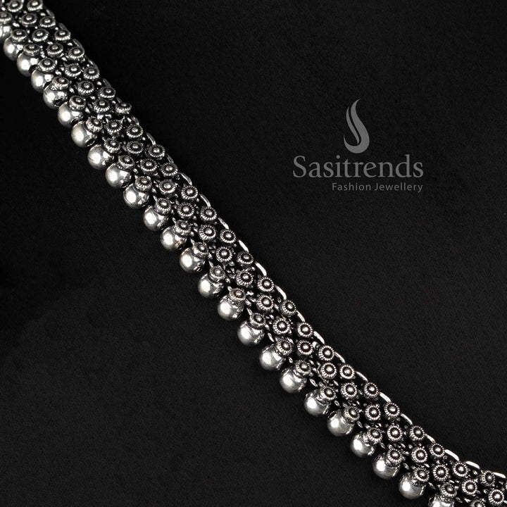 Ethnic Oxidised Silver Collar Choker Necklace with Textured Bead Fringe and Traditional Indian Detailing for Women - Sasitrends