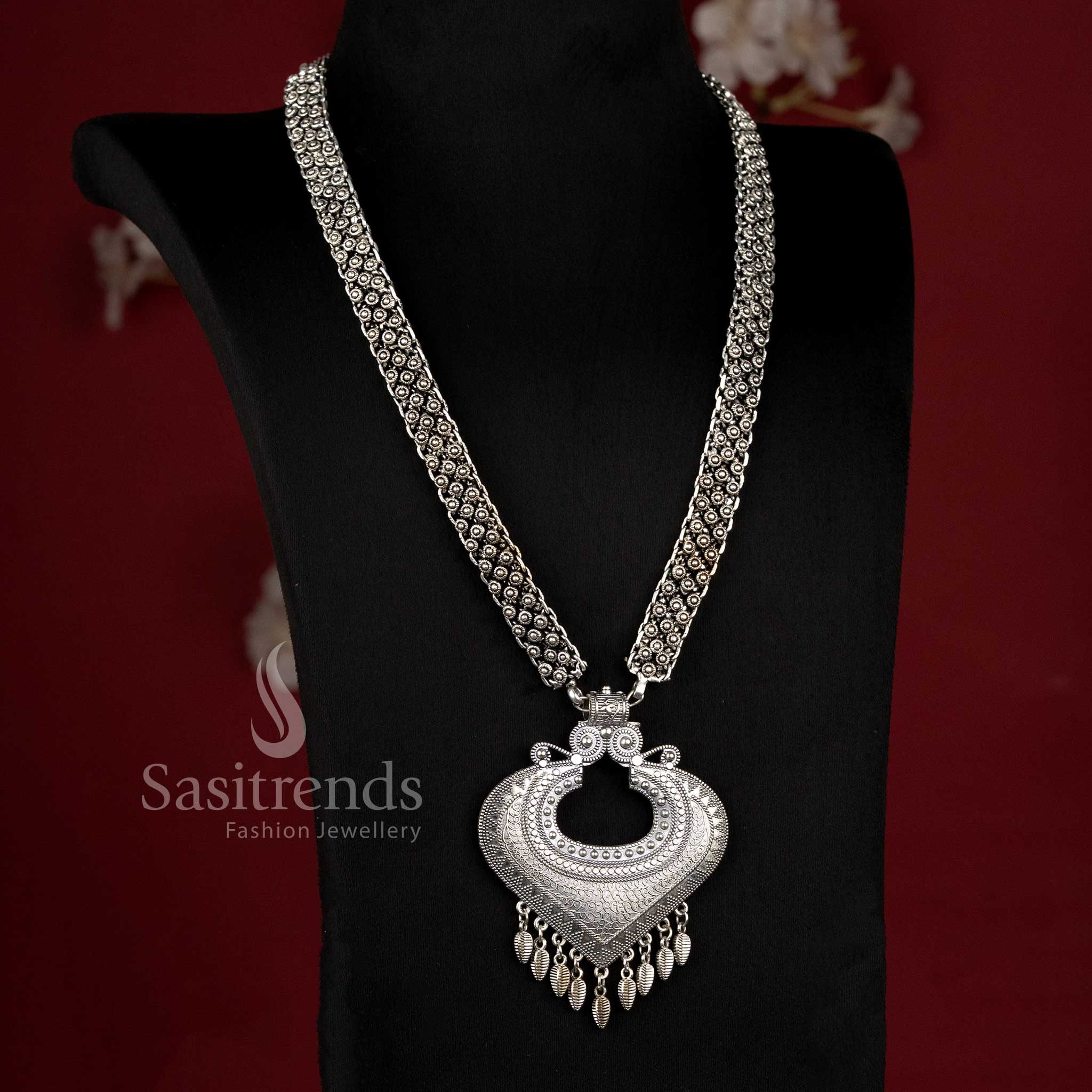 Ethnic Oxidised Silver Collar Choker Necklace with Textured Bead Fringe and Traditional Indian Detailing for Women - Sasitrends
