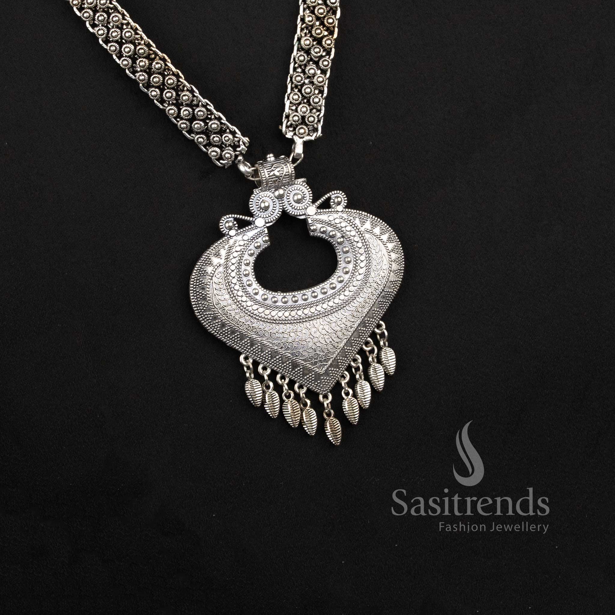 Ethnic Oxidised Silver Collar Choker Necklace with Textured Bead Fringe and Traditional Indian Detailing for Women - Sasitrends