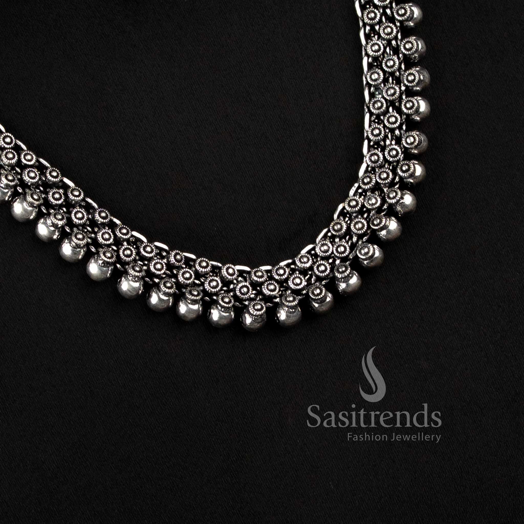 Elegant Boho Oxidised Silver Short Choker Necklace with Tribal Motifs and Beaded Fringe for Festive Wear - Sasitrends