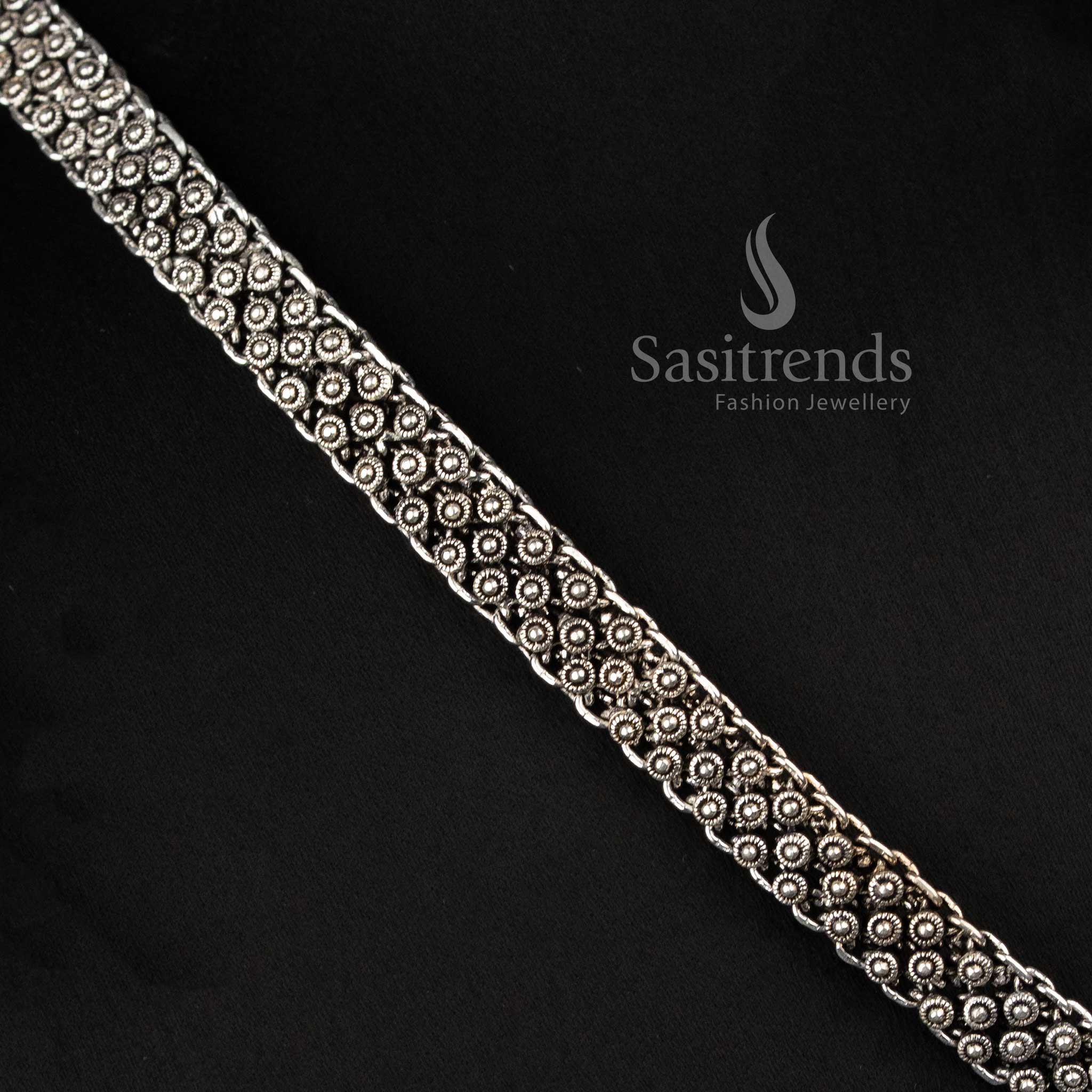 Elegant Boho Oxidised Silver Short Choker Necklace with Tribal Motifs and Beaded Fringe for Festive Wear - Sasitrends
