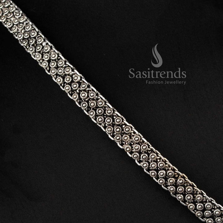 Elegant Boho Oxidised Silver Short Choker Necklace with Tribal Motifs and Beaded Fringe for Festive Wear - Sasitrends