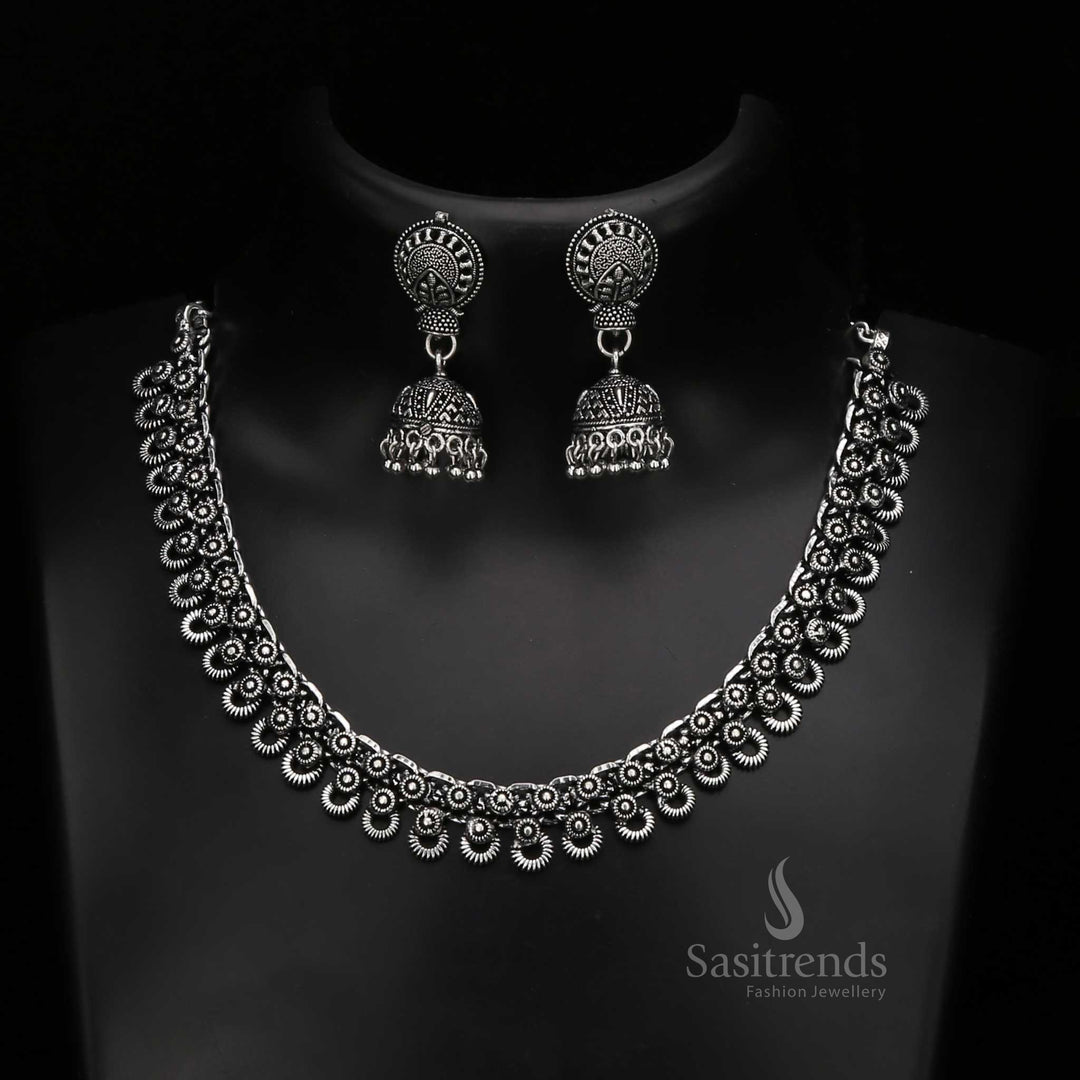Timeless Tanvi Oxidised Silver Choker With Traditional Jhumka – A Classic Folk Touch and Tribal Fusion Jewellery Ensemble Crafted for Artistic Ethnic Styling by Sasitrends